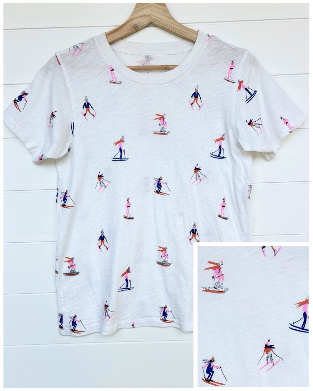 J Crew Ski Print T-Shirt 100% Cotton Tee Novelty Graphic Skier White Lightweight